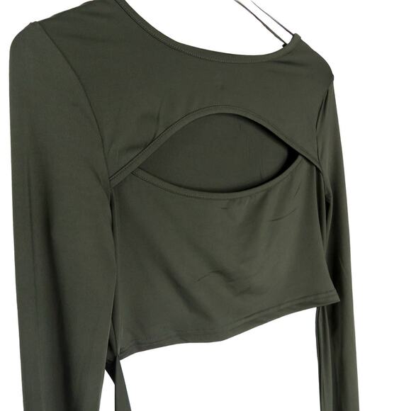 Shein Olive Green Open Cut Out Criss Cross Wrap Tie Long Sleeve Crop Top Small - Picture 3 of 7